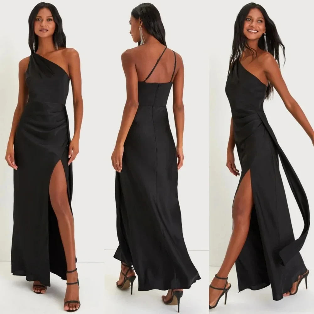 Lulu's Signature Elegance Black Satin One-Shoulder Maxi Dress Wedding Party